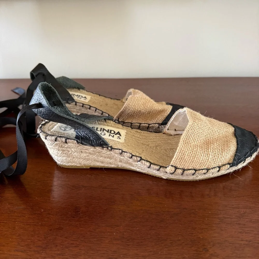 Maslinda Designs Ankle Tie Espadrille Wedges Black Beige EU 39